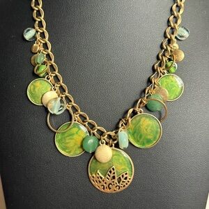 Vintage Green Enamel Dangle Charm Lotus Flower Necklace